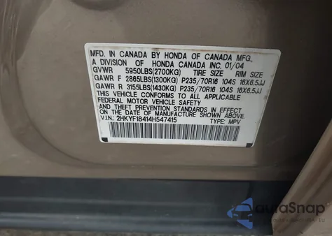 2004 Honda Pilot Ex from USA, damaged, VIN 2HKYF18414H547415